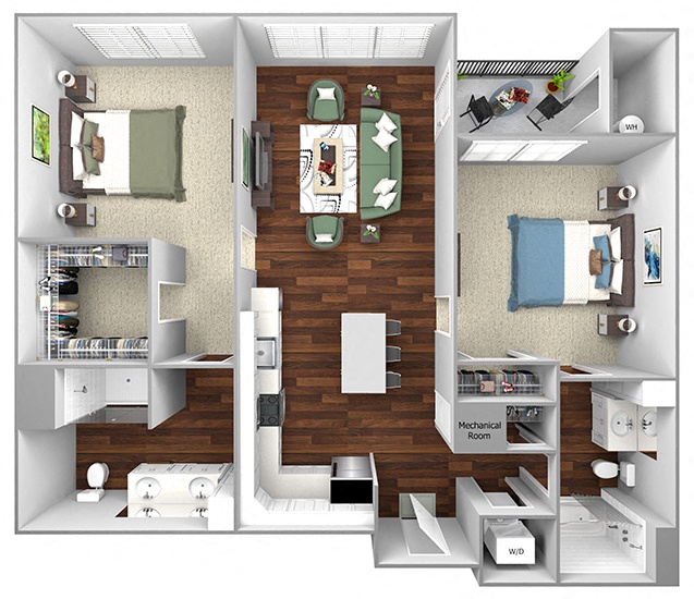 Floor plan for 2 beds, 2 baths, 1077 sqft